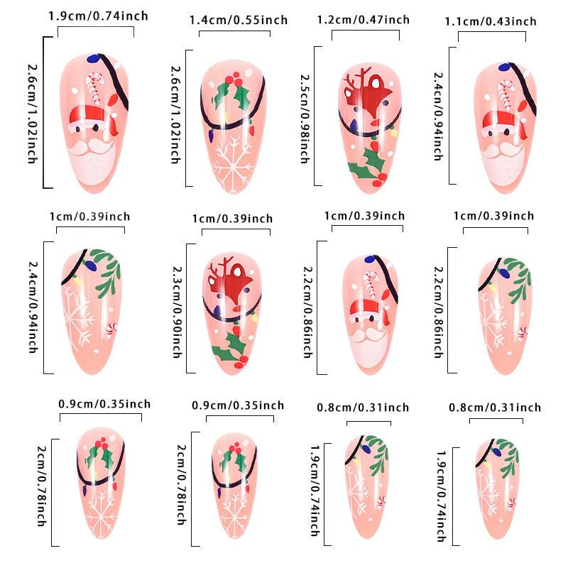 Christmas Press on Nails Long Almond Fake Nails Cute Xmas Nails Press Ons with Santa Candy Elk Snowflake Winterberry Design Full Cover Stick on Nails for Women Manicure,Glossy | Reusable | 24Pcs