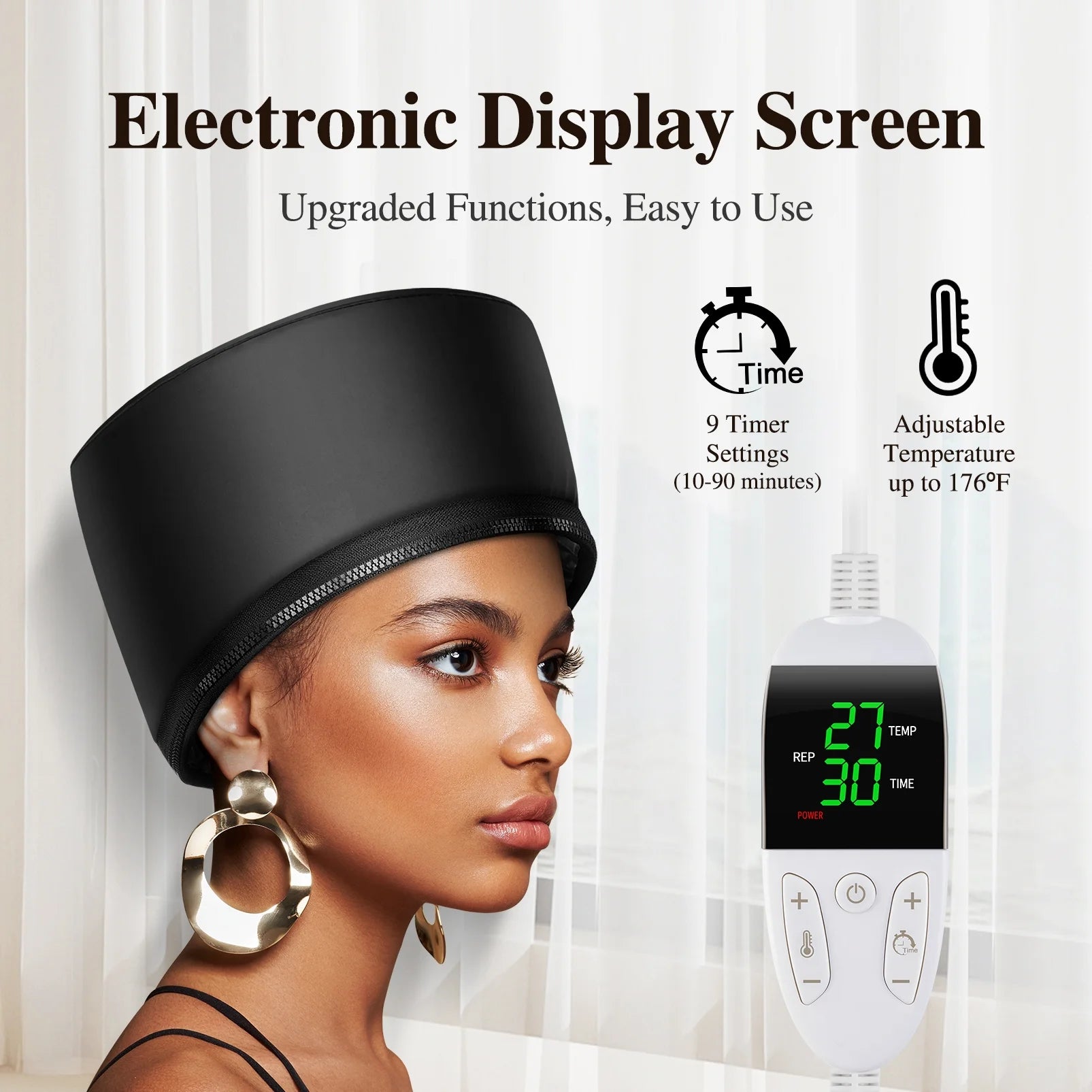 Hooded Hair Dryer Heat Cap Hair Care Deep Conditioning Thermal Steamer Cap for Home, with Temperature Control and Timer - Black