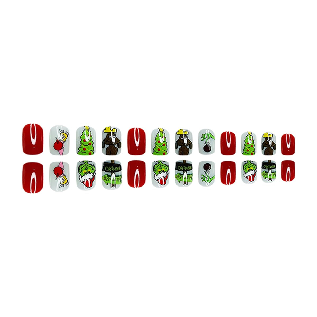 24Pcs Christmas Press on Nails Short Square Cute Petite False Nails with Green Monster Xmas Tree Girls Designs Full Cover Christmas Fake Nails Winter Acrylic Glue on Nails for Women Holiday Nail Decor