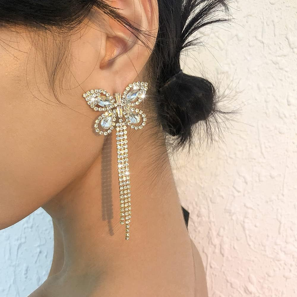 Butterfly Tassel Earrings for Women Womens Long Crystal Rhinestone Earrings Butterfly Dangle Drop Earrings