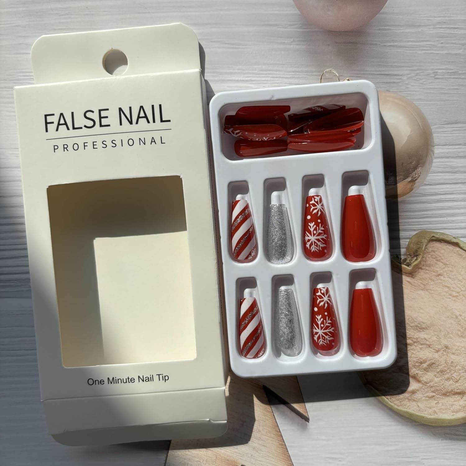 Christmas Press on Nails Red Fake Nails Medium Length False Nails with White Snowflake Designs Coffin Glue on Nails Full Cover Glitter Stick on Nails Cute Acrylic Nails Glossy Artificial Nails