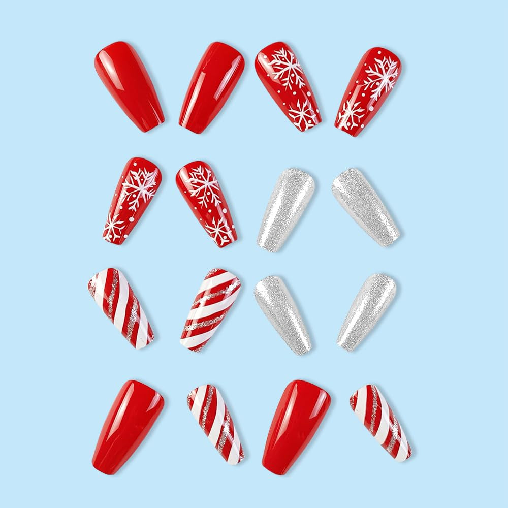 Christmas Press on Nails Red Fake Nails Medium Length False Nails with White Snowflake Designs Coffin Glue on Nails Full Cover Glitter Stick on Nails Cute Acrylic Nails Glossy Artificial Nails
