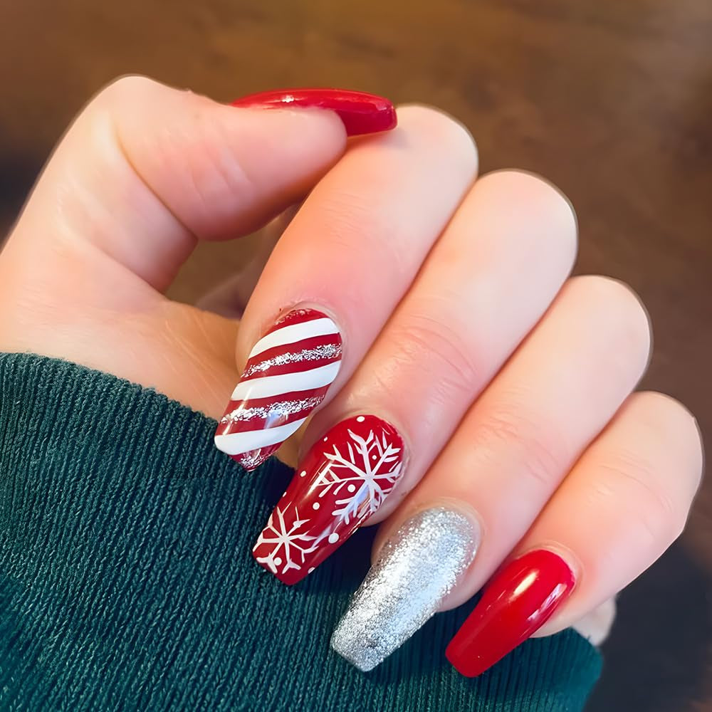 Christmas Press on Nails Red Fake Nails Medium Length False Nails with White Snowflake Designs Coffin Glue on Nails Full Cover Glitter Stick on Nails Cute Acrylic Nails Glossy Artificial Nails
