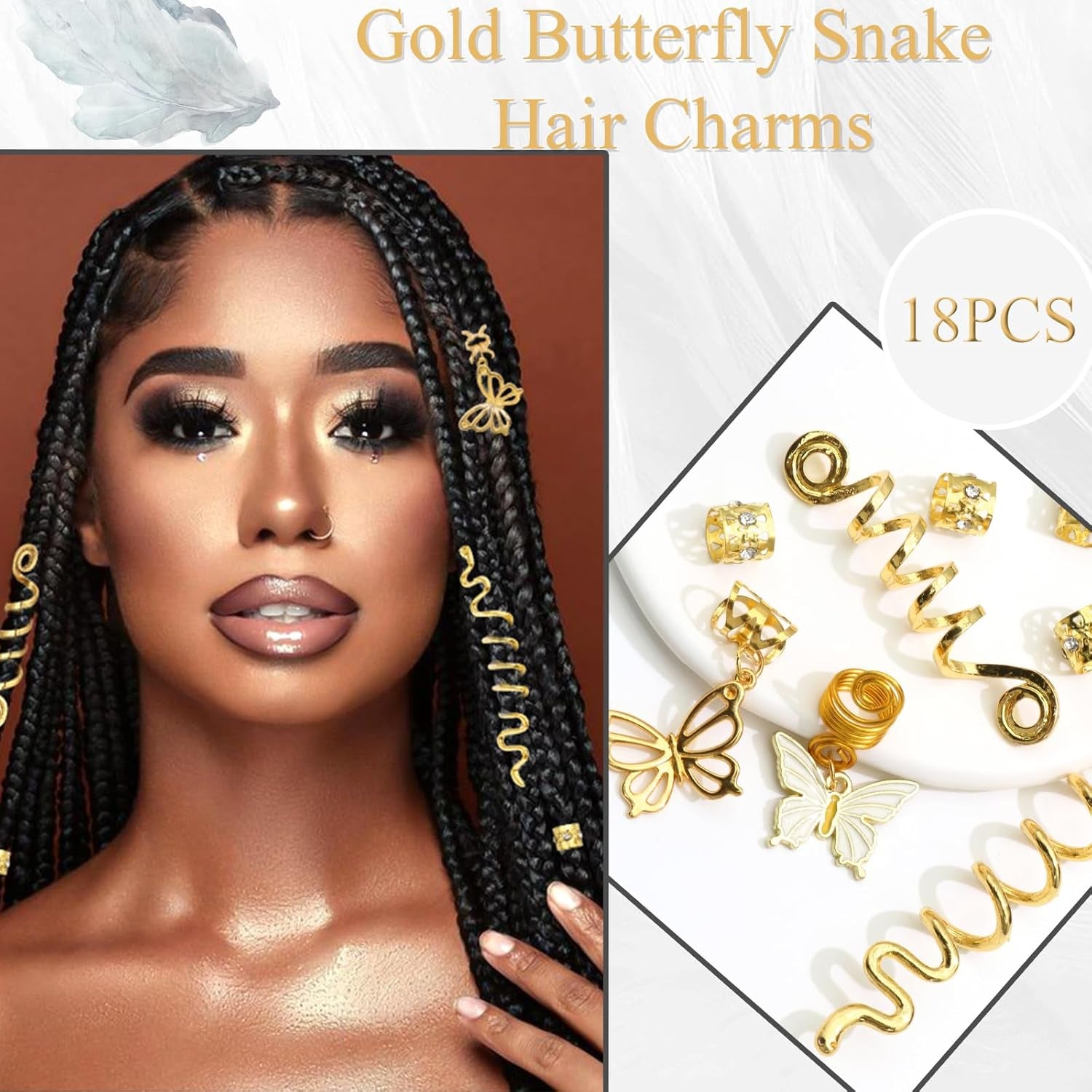 18PCS Snake Hair Jewelry Gold Butterfly Braids Clips Hair Cuffs Rings Metal Spiral Loc Jewelry Multi Style Braid Accessories for Women and Girls
