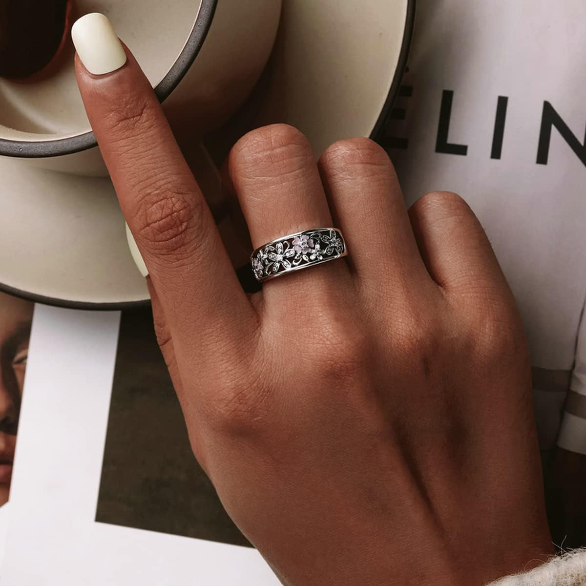 925 Sterling Silver Rainbow Heart Star Cat Ring with Cubic Zirconia Stacking Stackable Promise Ring Wedding Band Jewelry Gifts for Women Teen Girls Size 6-9 (Flower, 7)