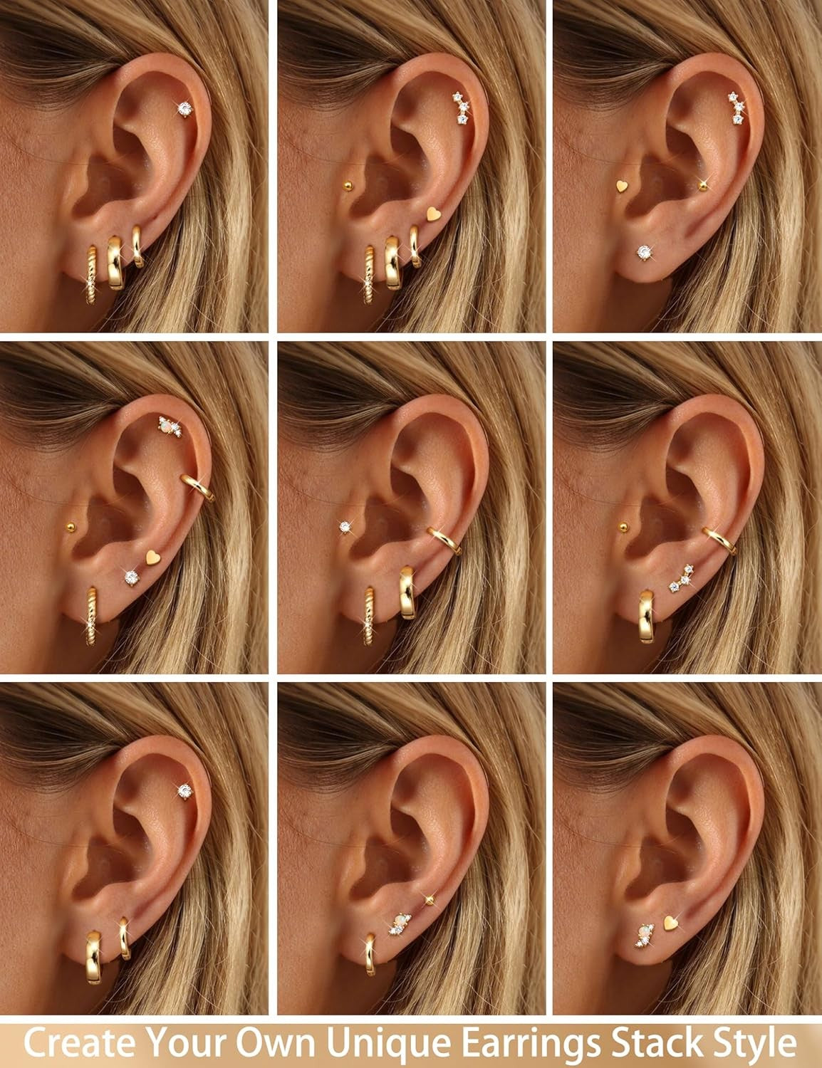Hypoallergenic Flat Back Earrings 14K Gold Cartilage Earring Sets for Multiple P