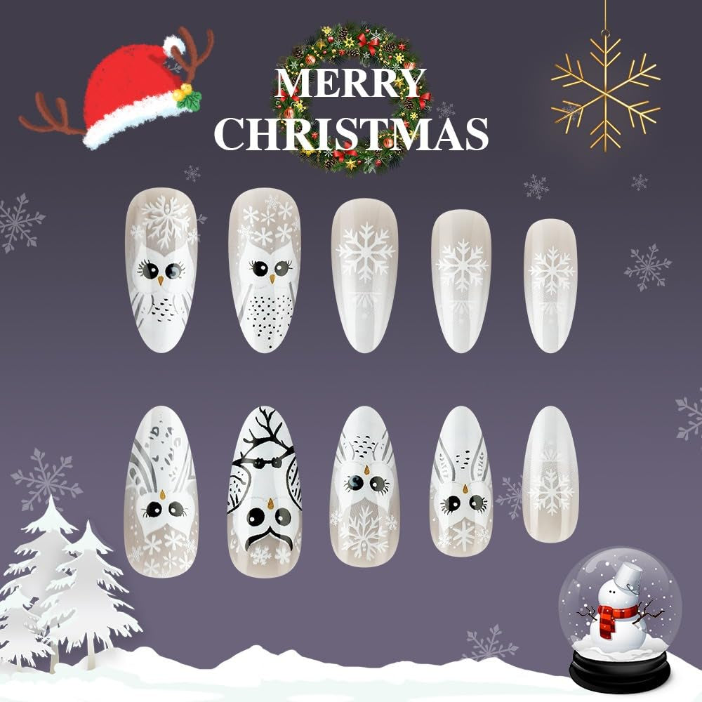 Almond Press on Nails Christmas Fake Nails French Owl Designs Gloss False Nails Full Cover Stick on Nails Acrylic Winter Artificial Nails for Women Glue on Nails（24Pcs ）