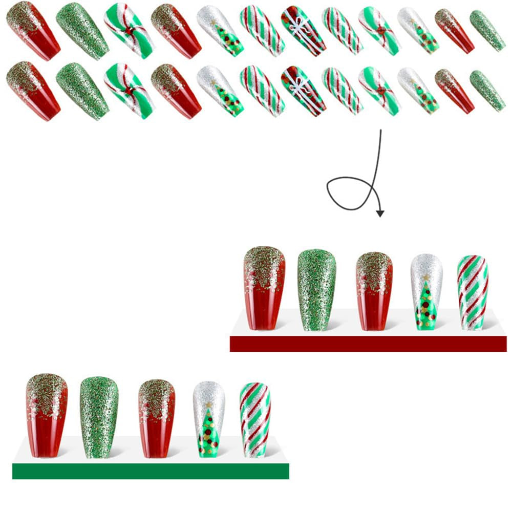 24Pcs Christmas Press on Nails Medium Square -  Colorful Fake Nails Coffin False Nails Press Ons Nail Art Tips with Glitter Bow Stripes Design Green Acrylic Nail Kit for Women Christmas Decor