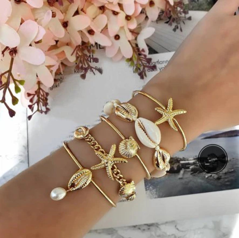 Gold Sea Shell Summer Bangle Bracelet Set