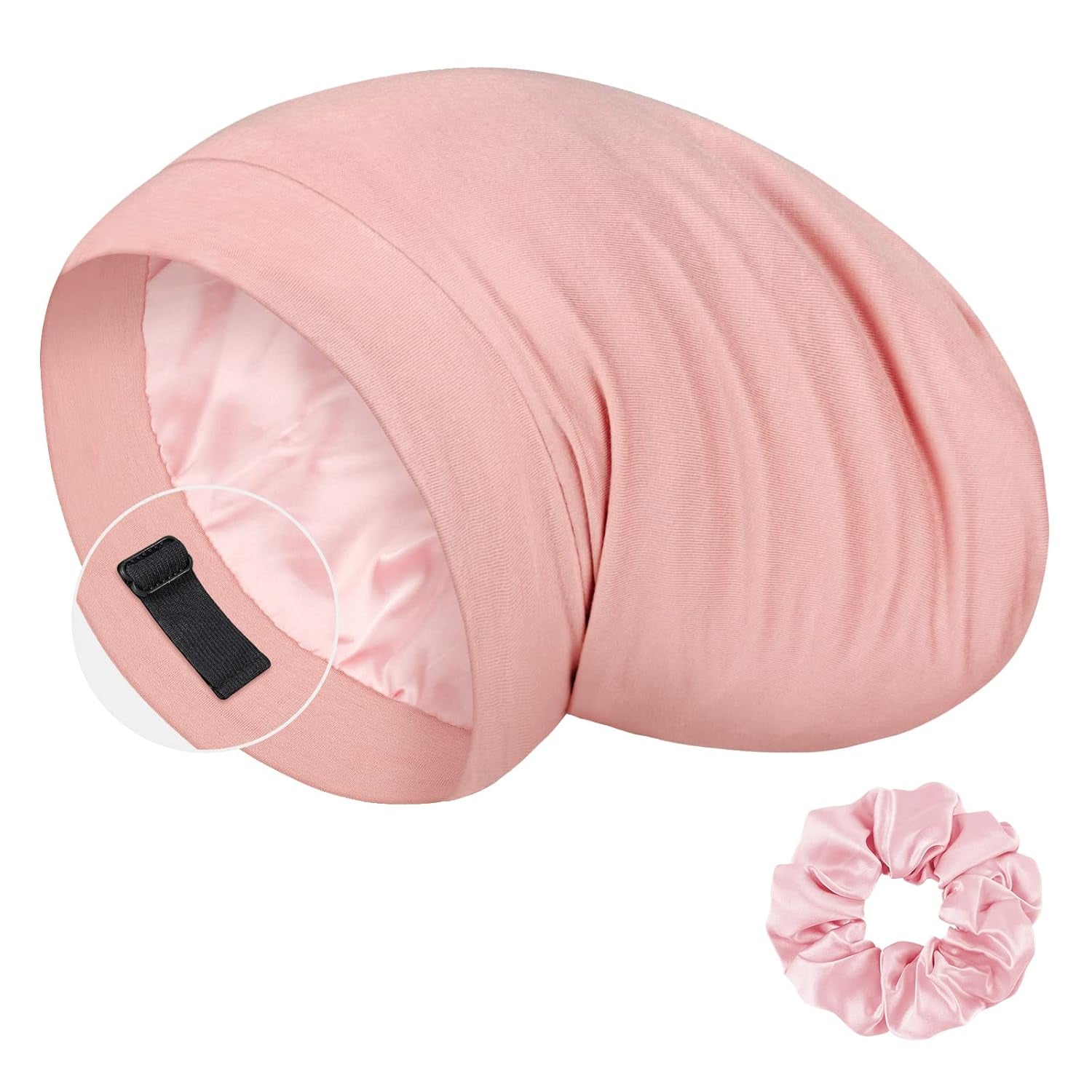 Mulberry Silk Bonnet for Sleeping Women, Real Silk Sleep Cap for Curly Hair and Braids, Pure Head Wrap with Scrunchies, Pink