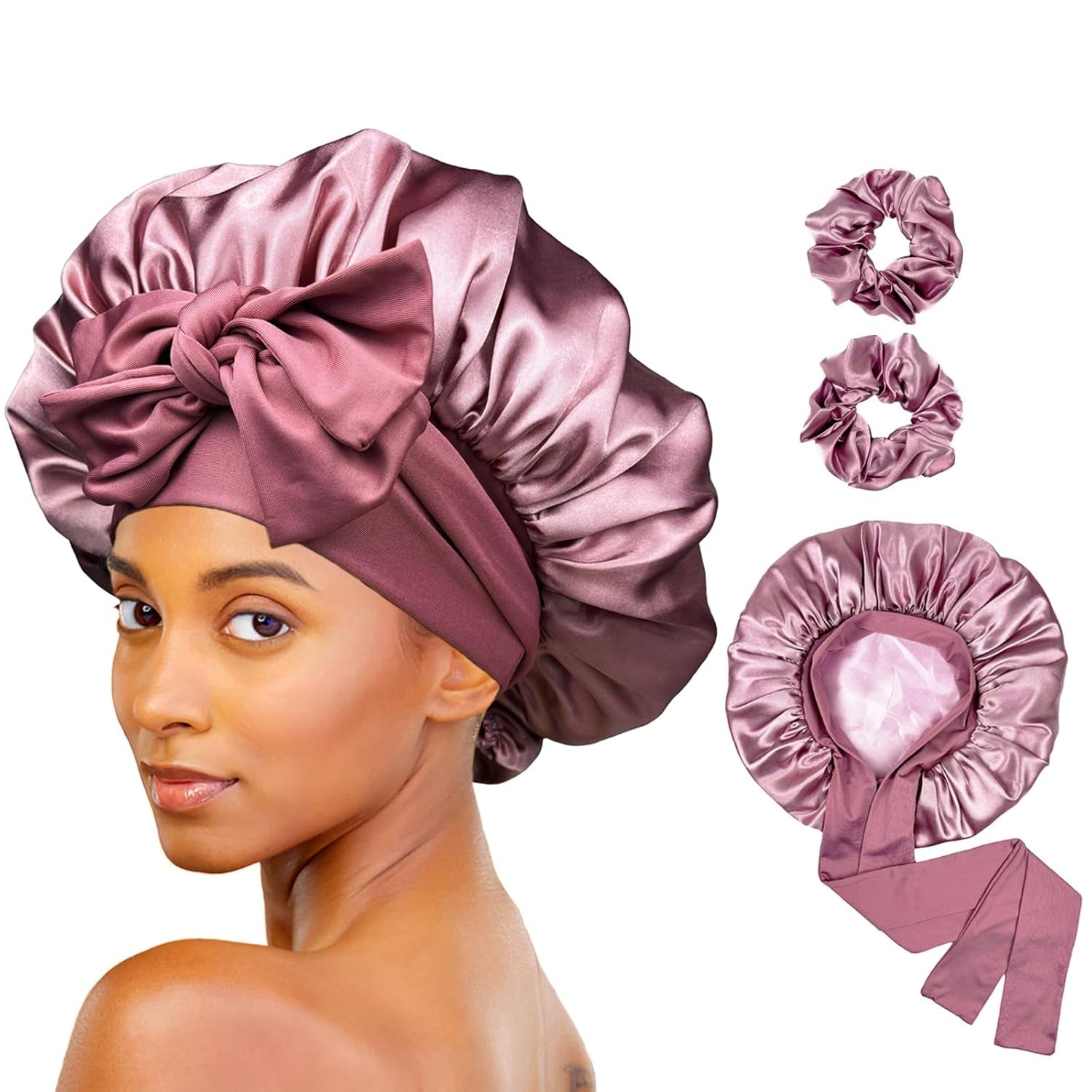Luxelouise Satin Bonnet for Sleeping Silk Hair Bonnet for Sleeping Women Double Layer Silk Hair Wrap Sleep Bonet Satin Bonnets for Curly Hair and Braids (Cameo Pink)