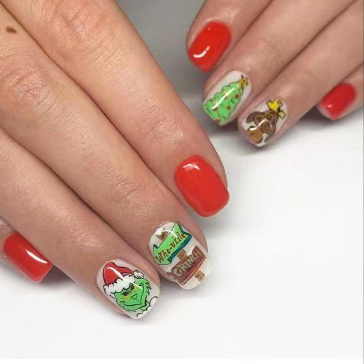 24Pcs Christmas Press on Nails Short Square Cute Petite False Nails with Green Monster Xmas Tree Girls Designs Full Cover Christmas Fake Nails Winter Acrylic Glue on Nails for Women Holiday Nail Decor