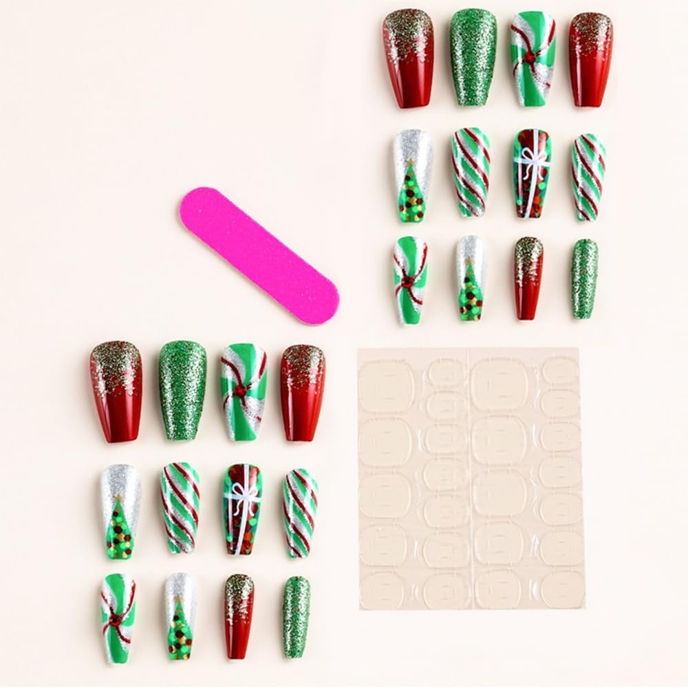 24Pcs Christmas Press on Nails Medium Square -  Colorful Fake Nails Coffin False Nails Press Ons Nail Art Tips with Glitter Bow Stripes Design Green Acrylic Nail Kit for Women Christmas Decor