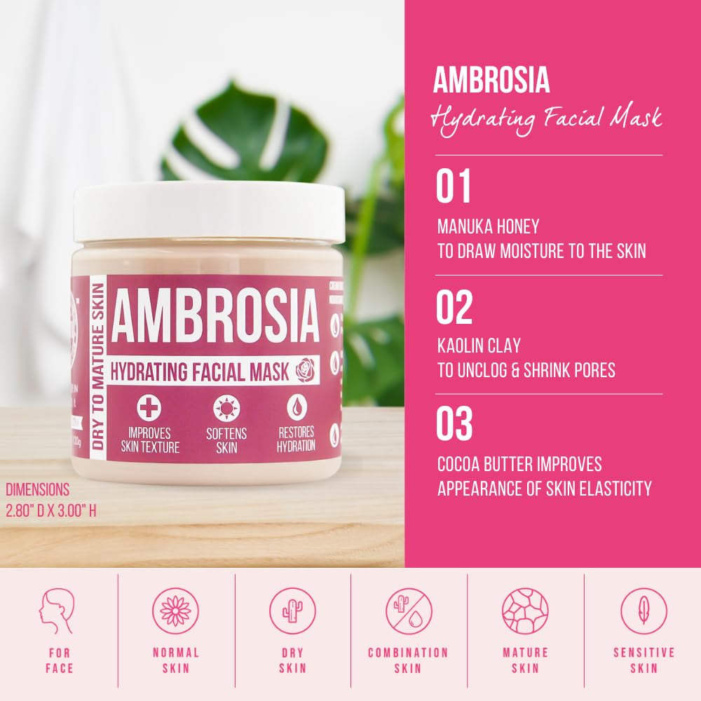 Ambrosia Hydrating Facial Mask | Honey, Vanilla Scent | Hydrating and Rejuvenating | 4 Oz