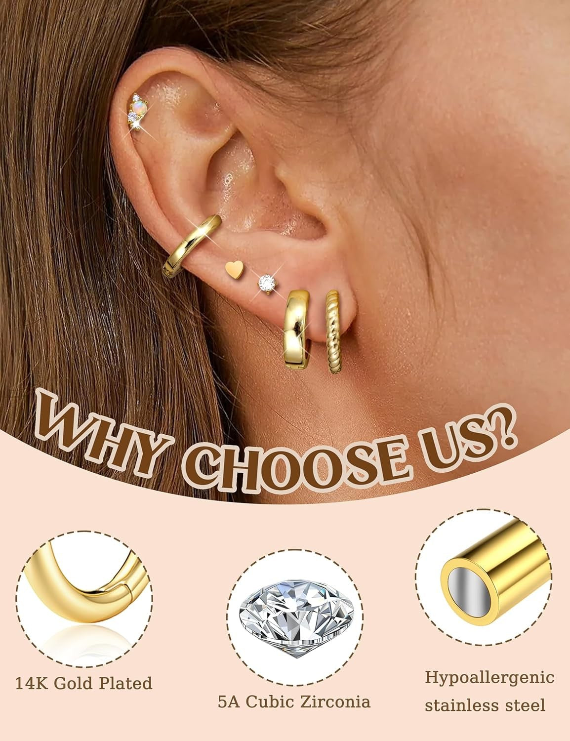 Hypoallergenic Flat Back Earrings 14K Gold Cartilage Earring Sets for Multiple P