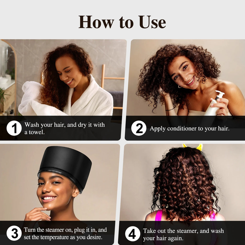 Hooded Hair Dryer Heat Cap Hair Care Deep Conditioning Thermal Steamer Cap for Home, with Temperature Control and Timer - Black