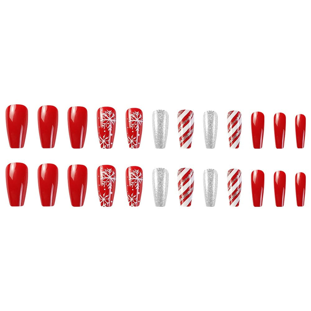 Christmas Press on Nails Red Fake Nails Medium Length False Nails with White Snowflake Designs Coffin Glue on Nails Full Cover Glitter Stick on Nails Cute Acrylic Nails Glossy Artificial Nails