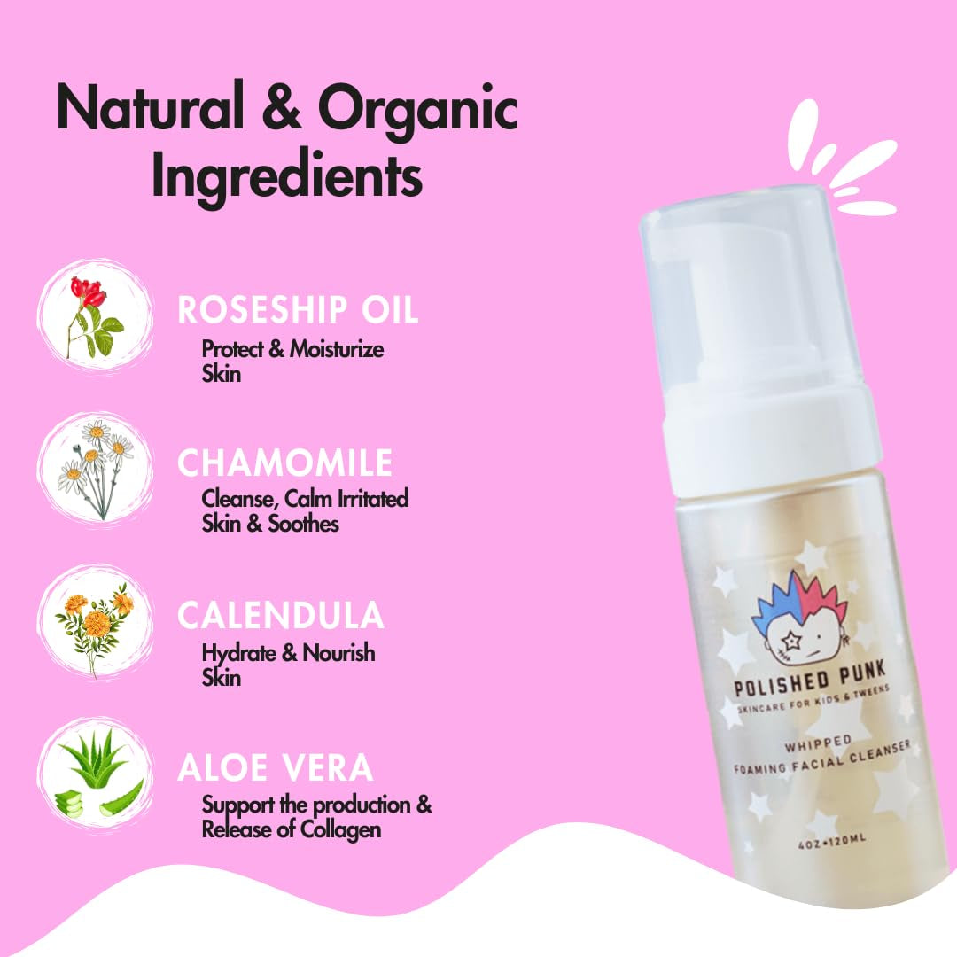 Natural and Organic Foaming Face Wash for Kids and Tweens, Soap and Fragrance Free Tear-Free Cleanser for Sensitive Skin with Botanical Extracts, Aloe, and Glycerin, 4 Oz
