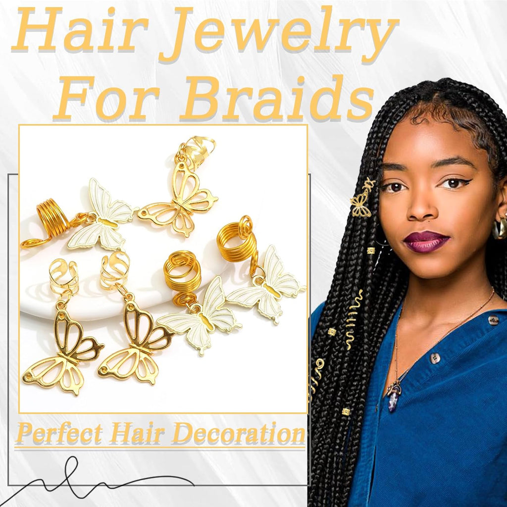 18PCS Snake Hair Jewelry Gold Butterfly Braids Clips Hair Cuffs Rings Metal Spiral Loc Jewelry Multi Style Braid Accessories for Women and Girls