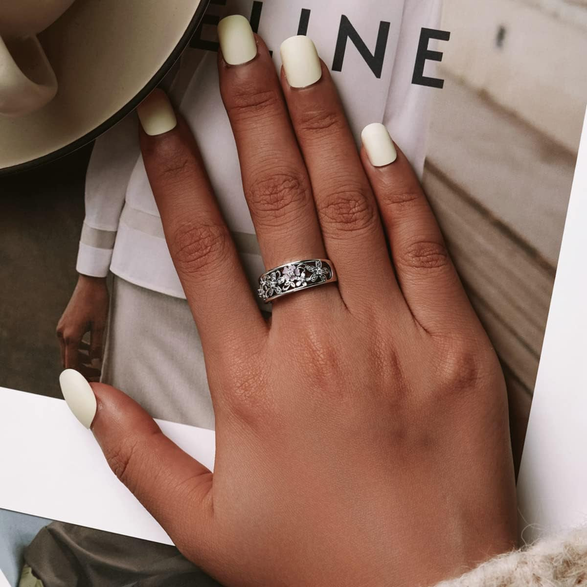 925 Sterling Silver Rainbow Heart Star Cat Ring with Cubic Zirconia Stacking Stackable Promise Ring Wedding Band Jewelry Gifts for Women Teen Girls Size 6-9 (Flower, 7)