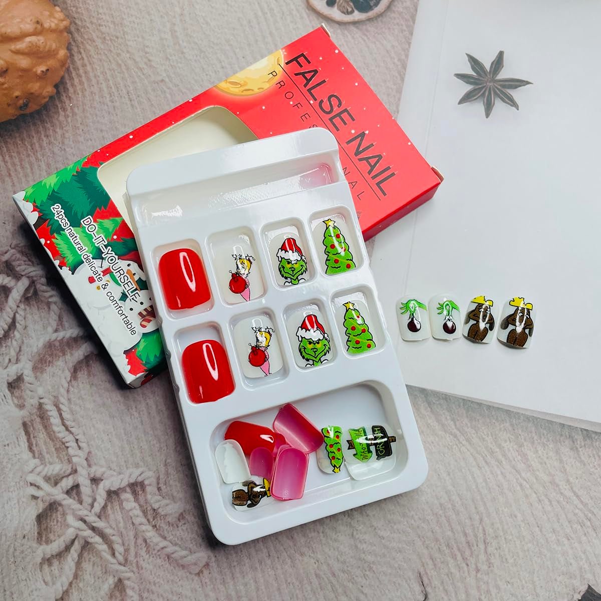 24Pcs Christmas Press on Nails Short Square Cute Petite False Nails with Green Monster Xmas Tree Girls Designs Full Cover Christmas Fake Nails Winter Acrylic Glue on Nails for Women Holiday Nail Decor