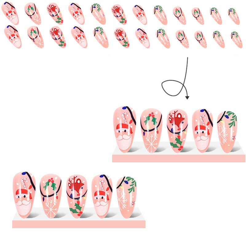 Christmas Press on Nails Long Almond Fake Nails Cute Xmas Nails Press Ons with Santa Candy Elk Snowflake Winterberry Design Full Cover Stick on Nails for Women Manicure,Glossy | Reusable | 24Pcs