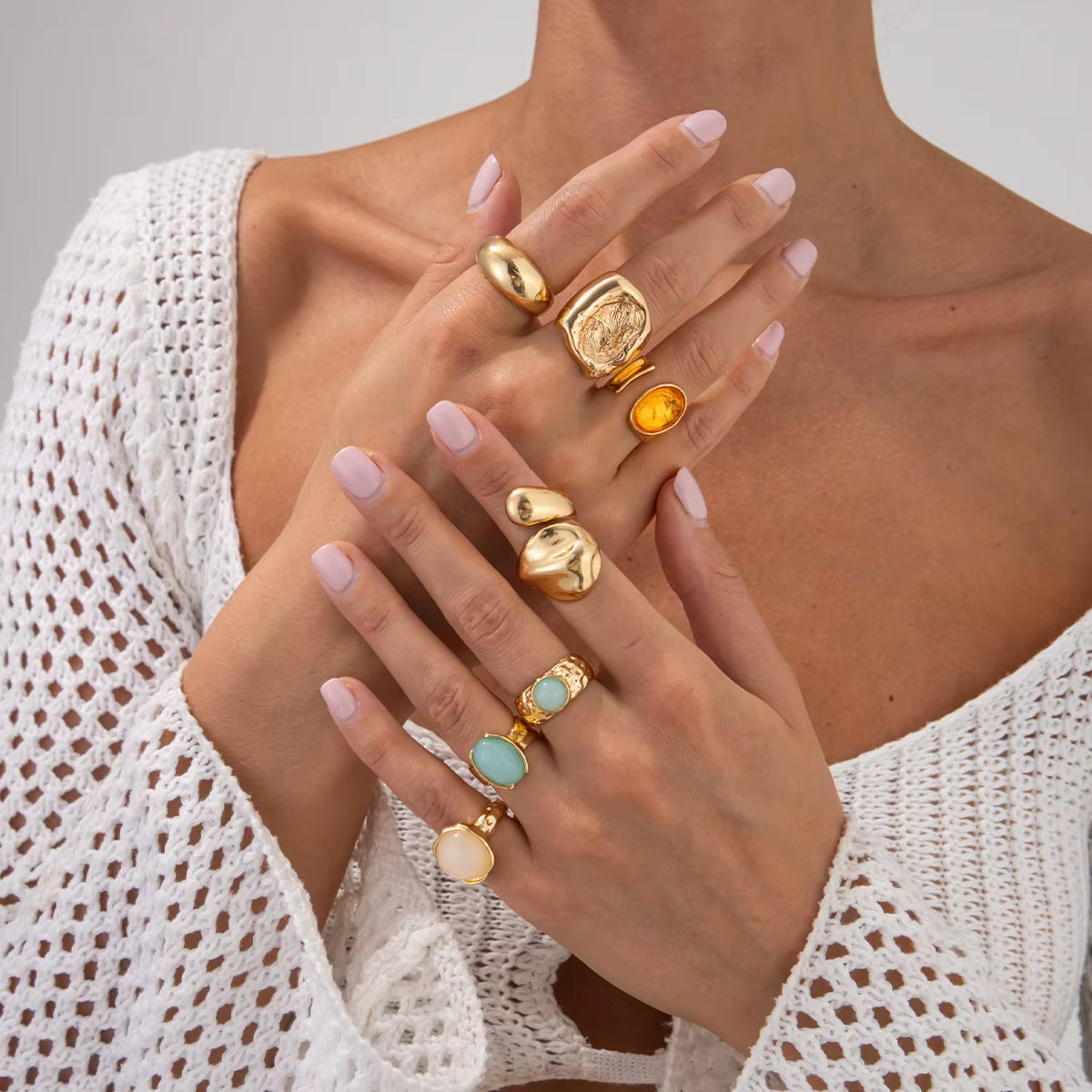 7Pcs/Set Luxury Gold Color Crystal Open Rings for Women Wedding Bridal Vintage Geometric Rings Trendy Finger Jewelry