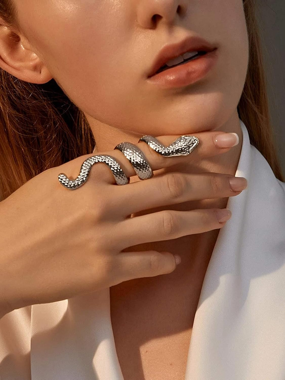 Adjustable Vintage Silver Snake Ring - Punk Goth Ring Set, Copper Metal, Unique Design for Women, Ideal Gift for Special Occasions
