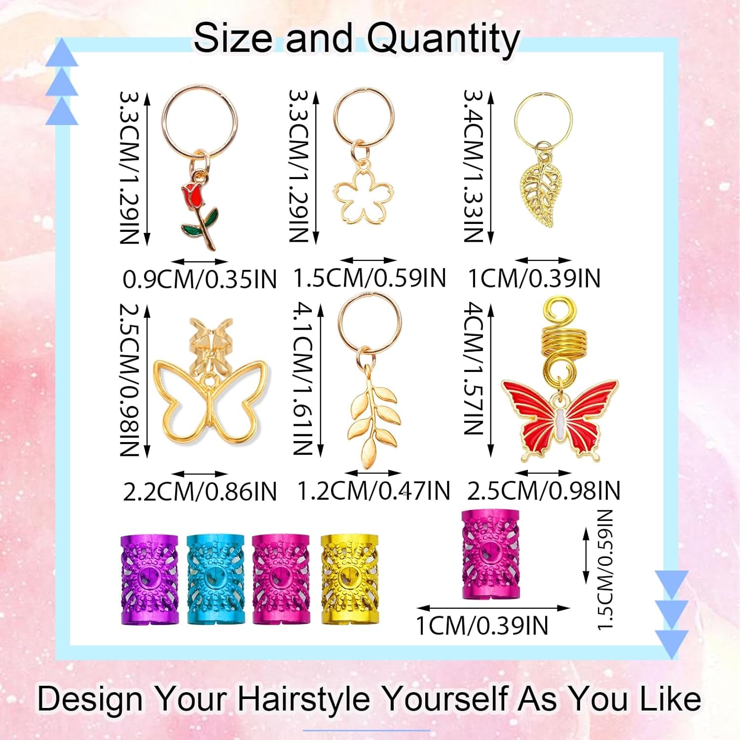 32Pcs Gold Butterfly Hair Braid Accessories - Colorful Charms, Rings, Beads, Clips, Cuffs for Hair Decoration and Jewelry for Women and Girls