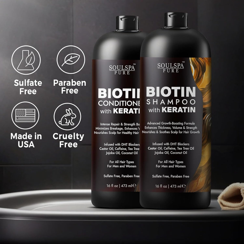 Biotin Shampoo and Conditioner Set with Keratin - Sulfate-Free Advanced Anti-Thinning, Hair Growth Shampoo and Conditioner Combo Repair Formula - with DHT Blockers, for Men & Women - 16 Fl Oz Each