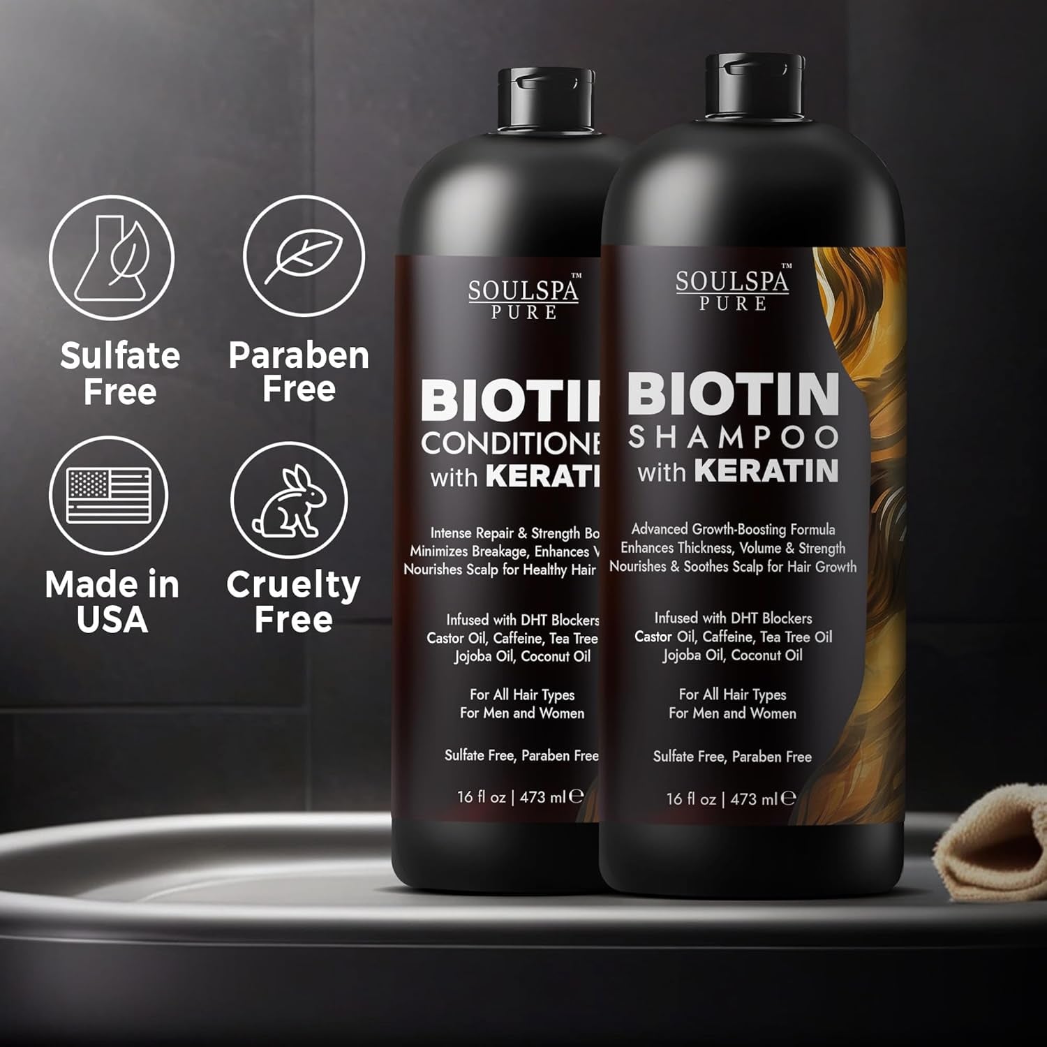 Biotin Shampoo and Conditioner Set with Keratin - Sulfate-Free Advanced Anti-Thinning, Hair Growth Shampoo and Conditioner Combo Repair Formula - with DHT Blockers, for Men & Women - 16 Fl Oz Each