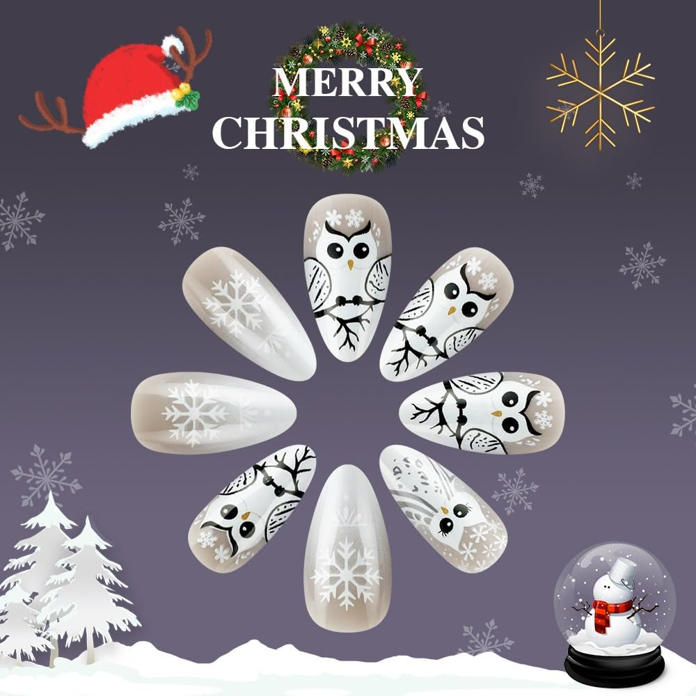 Almond Press on Nails Christmas Fake Nails French Owl Designs Gloss False Nails Full Cover Stick on Nails Acrylic Winter Artificial Nails for Women Glue on Nails（24Pcs ）
