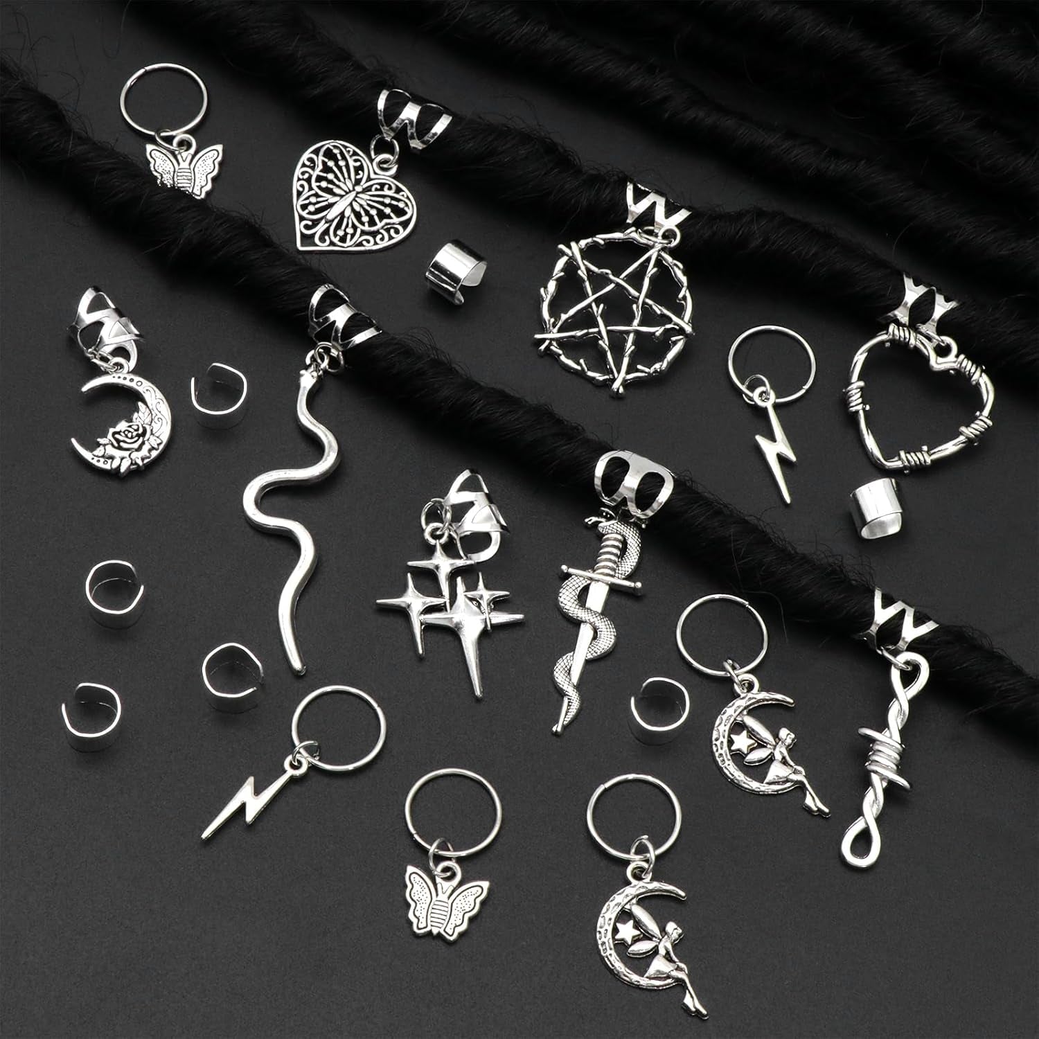 21PCS Silver Loc Jewelry - Butterfly Hair Clips, Dreadlock Accessories, Heart Shape Design Charms, Adjustable Cuffs, Rings, Multi Style Decoration for Halloween