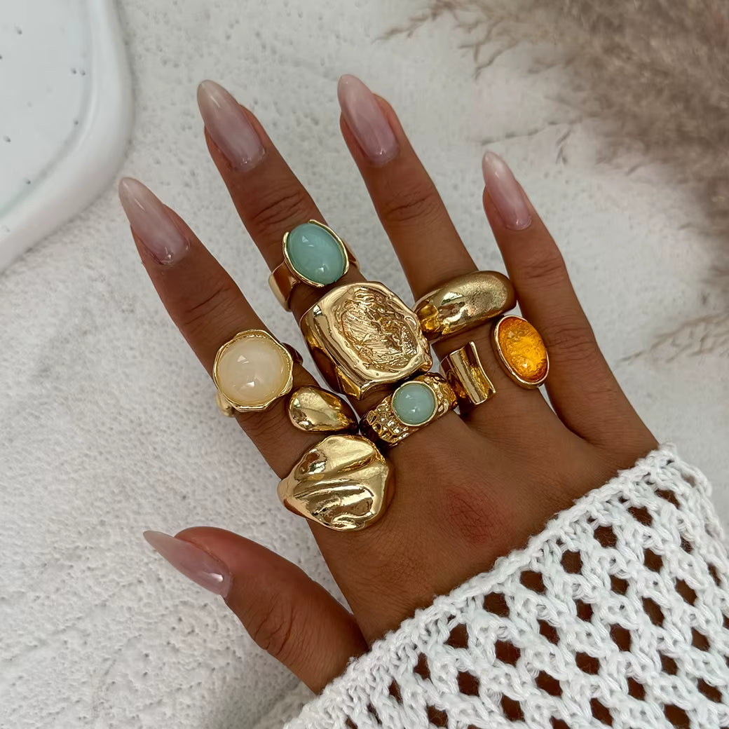 7Pcs/Set Luxury Gold Color Crystal Open Rings for Women Wedding Bridal Vintage Geometric Rings Trendy Finger Jewelry