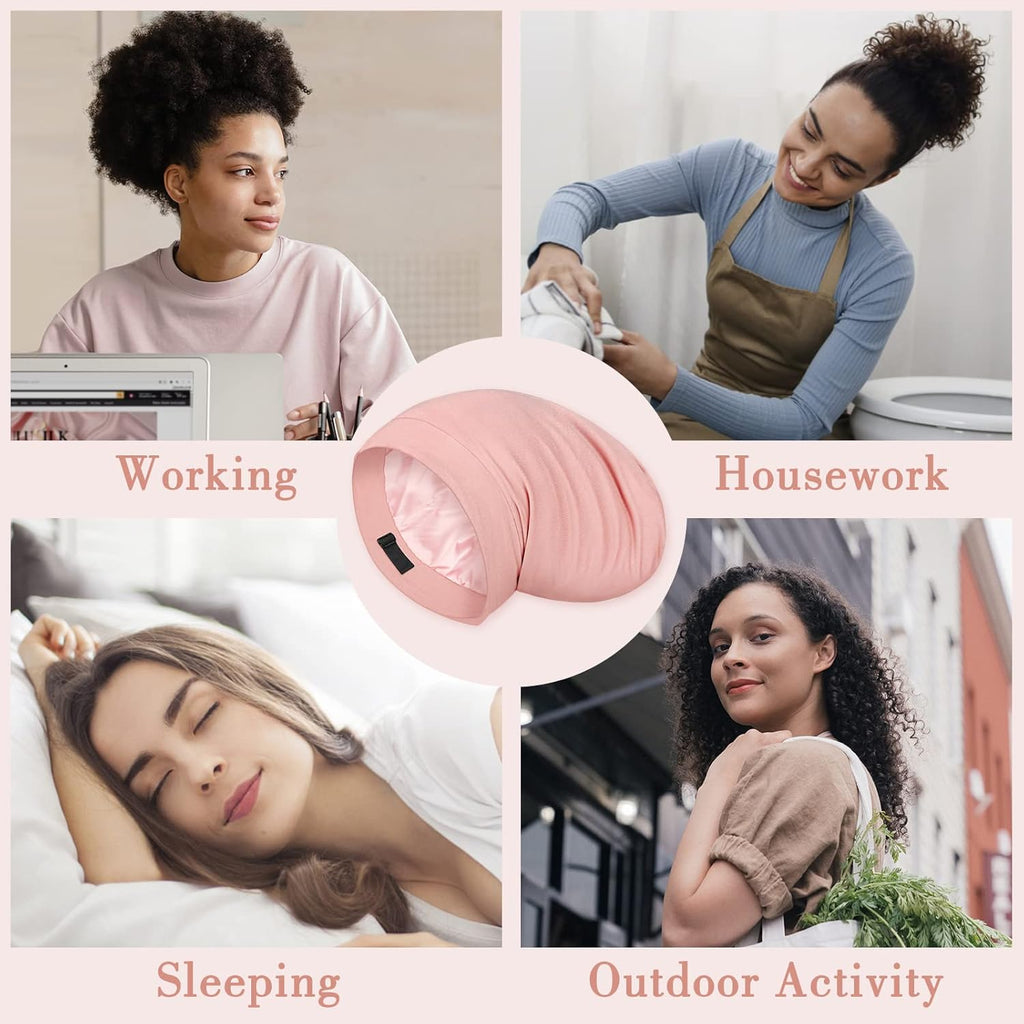 Mulberry Silk Bonnet for Sleeping Women, Real Silk Sleep Cap for Curly Hair and Braids, Pure Head Wrap with Scrunchies, Pink