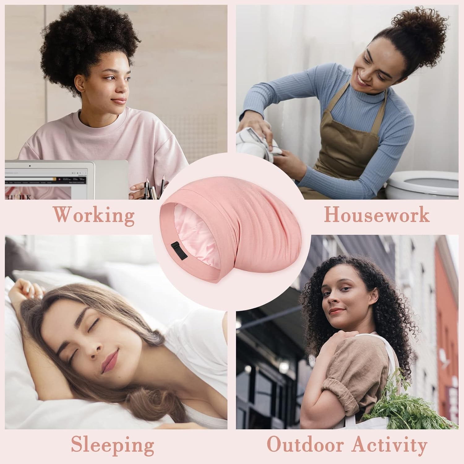Mulberry Silk Bonnet for Sleeping Women, Real Silk Sleep Cap for Curly Hair and Braids, Pure Head Wrap with Scrunchies, Pink