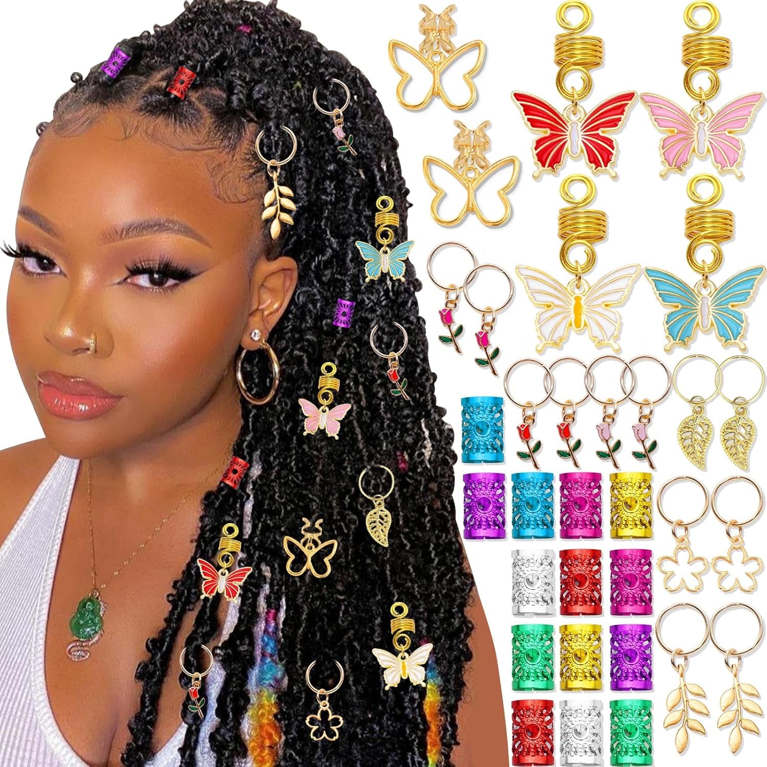 32Pcs Gold Butterfly Hair Braid Accessories - Colorful Charms, Rings, Beads, Clips, Cuffs for Hair Decoration and Jewelry for Women and Girls