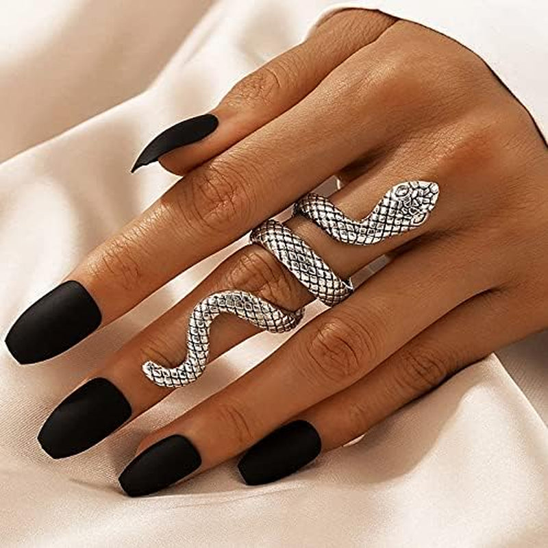 Adjustable Vintage Silver Snake Ring - Punk Goth Ring Set, Copper Metal, Unique Design for Women, Ideal Gift for Special Occasions