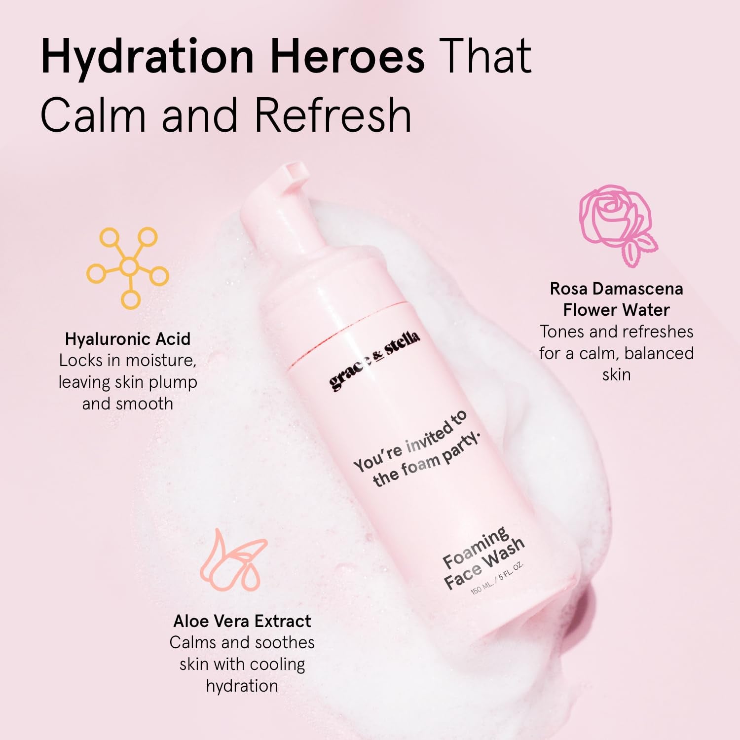 Award Winning Hydrating Face Wash (150Ml) - Gentle Foaming Facial Cleanser with Hyaluronic Acid, Rose Water, Aloe Vera - Moisturizing Cleansing Foam for Normal to Very Dry Skin - Vegan