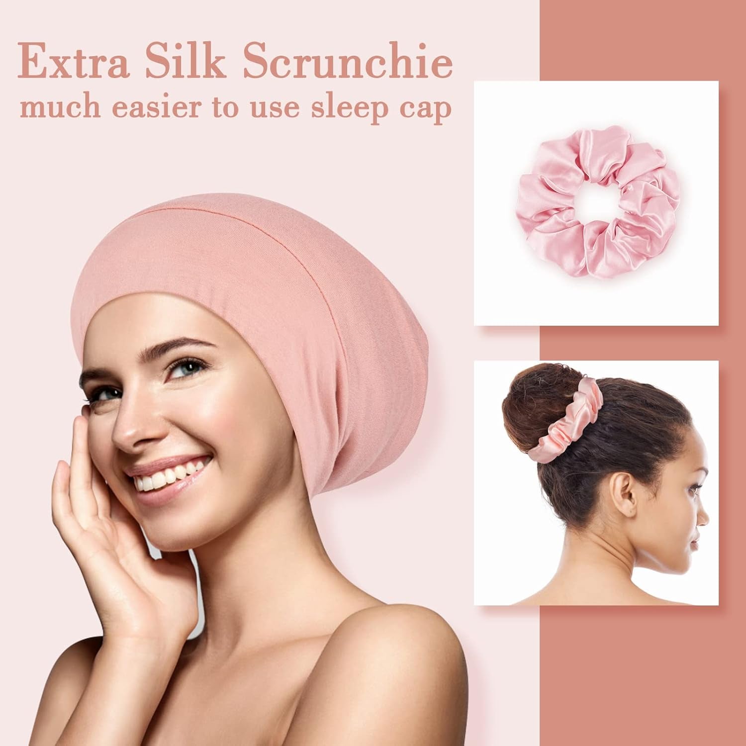 Mulberry Silk Bonnet for Sleeping Women, Real Silk Sleep Cap for Curly Hair and Braids, Pure Head Wrap with Scrunchies, Pink