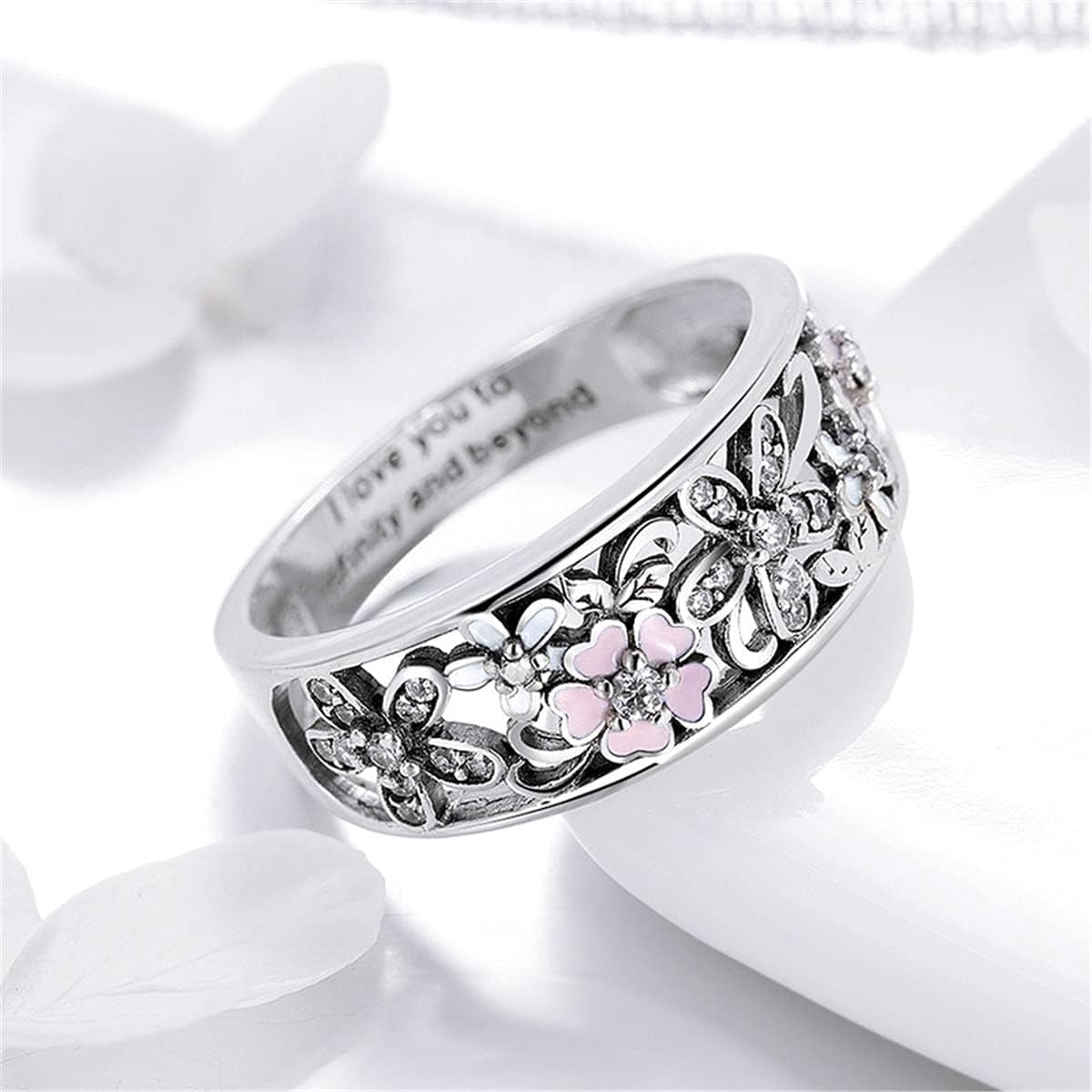 925 Sterling Silver Rainbow Heart Star Cat Ring with Cubic Zirconia Stacking Stackable Promise Ring Wedding Band Jewelry Gifts for Women Teen Girls Size 6-9 (Flower, 7)
