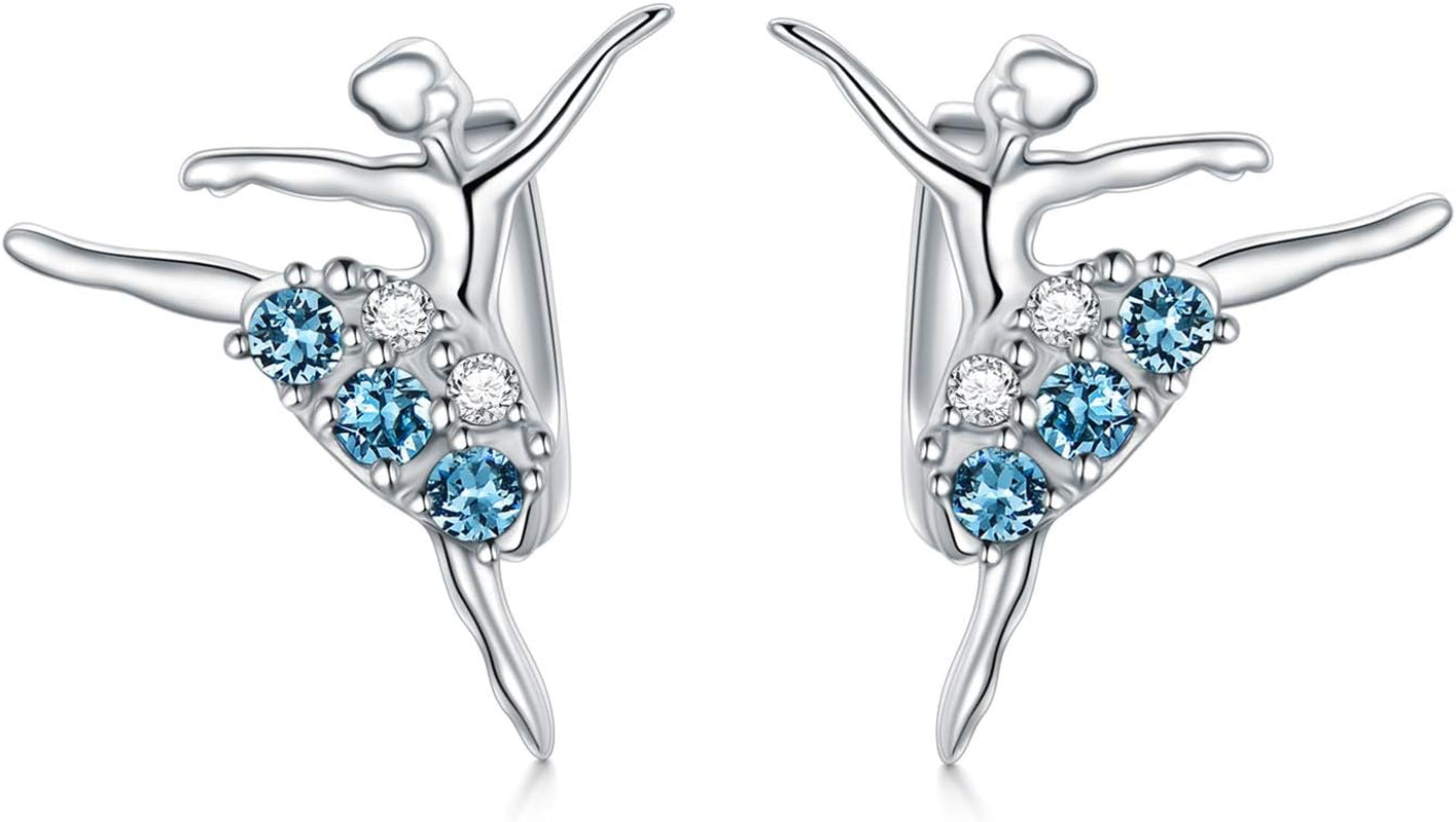 Ballerina Earrings 925 Sterling Silver Dancer Jewelry Embellished with Birthstone Crystals from Austria, Christmas Ballet Recital Themed Dancer Gifts for Women