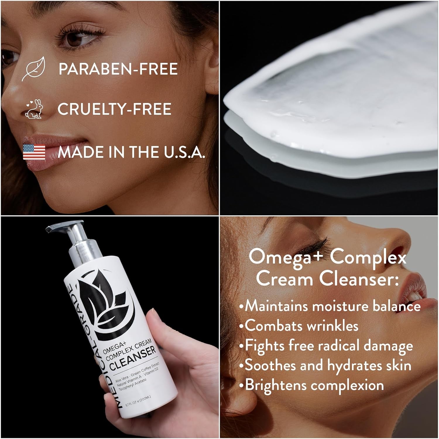Omega+ Complex Cream Facial Cleanser, Daily Face Wash & Makeup Remover, All Skin Types, Omega 3 & 6, Retinyl, Green Coffee Extract & Aloe Vera, Paraben-Free & Vegan, 6.7 Fl Oz