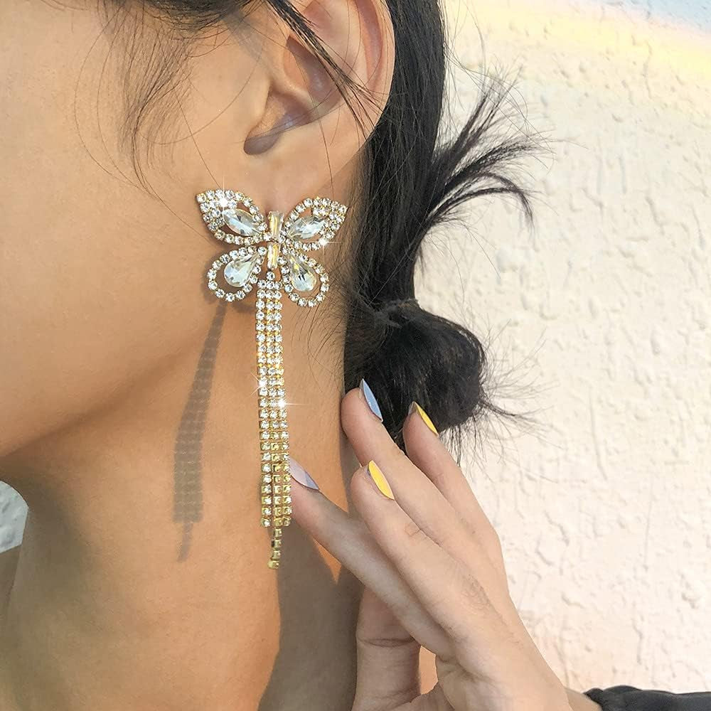 Butterfly Tassel Earrings for Women Womens Long Crystal Rhinestone Earrings Butterfly Dangle Drop Earrings