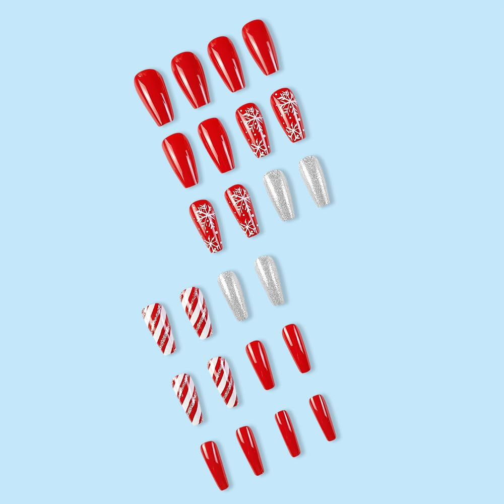 Christmas Press on Nails Red Fake Nails Medium Length False Nails with White Snowflake Designs Coffin Glue on Nails Full Cover Glitter Stick on Nails Cute Acrylic Nails Glossy Artificial Nails