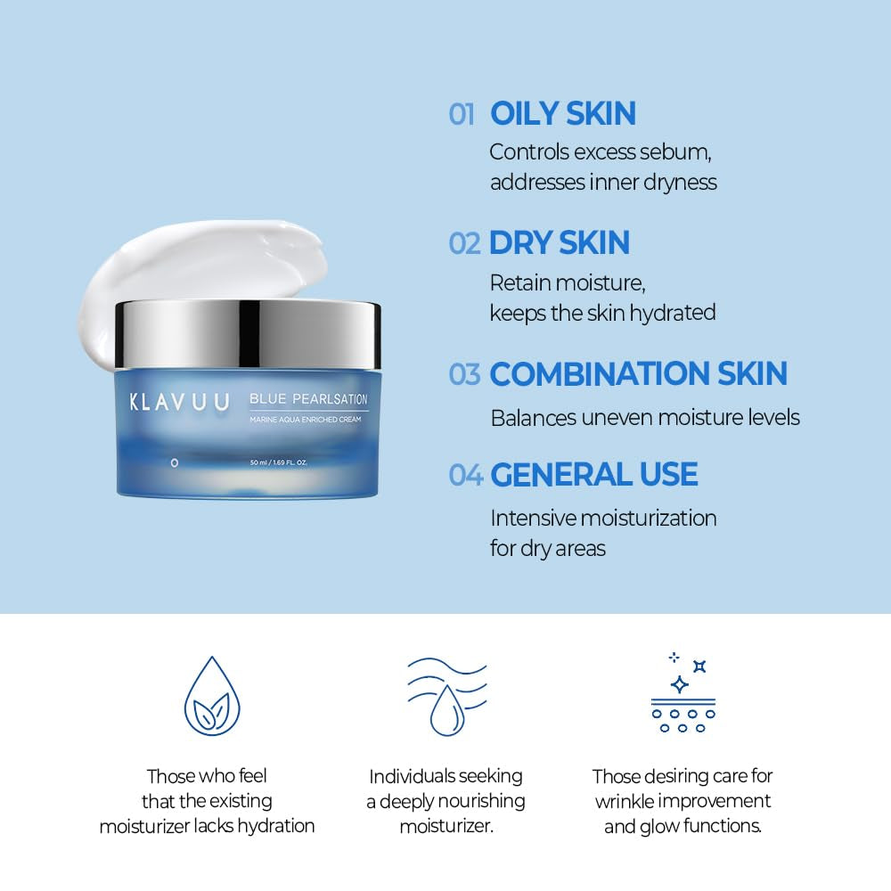 BLUE PEARLSATION MARINE AQUA ENRICHED CREAM - Hypoallergenic Deep Moisturizer with Apple Water for Nourished, Balanced Skin, Perfect for Sensitive Skin Seeking Hydration and Radiance – 1.69 Floz