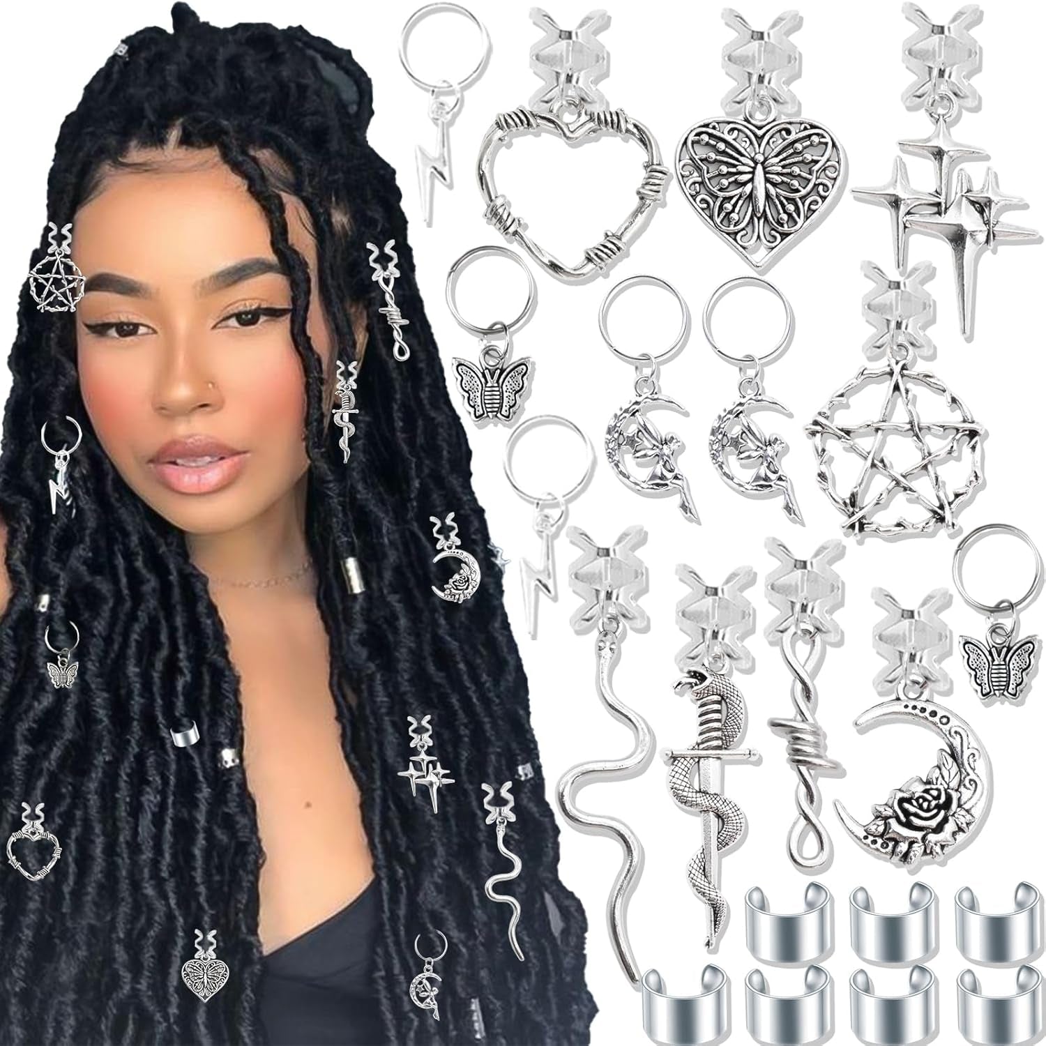 21PCS Silver Loc Jewelry - Butterfly Hair Clips, Dreadlock Accessories, Heart Shape Design Charms, Adjustable Cuffs, Rings, Multi Style Decoration for Halloween