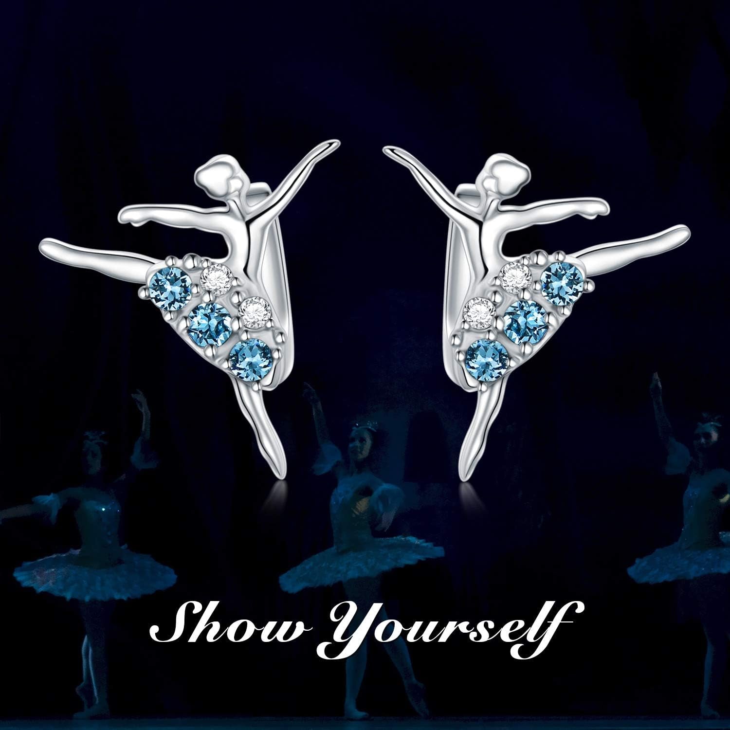 Ballerina Earrings 925 Sterling Silver Dancer Jewelry Embellished with Birthstone Crystals from Austria, Christmas Ballet Recital Themed Dancer Gifts for Women