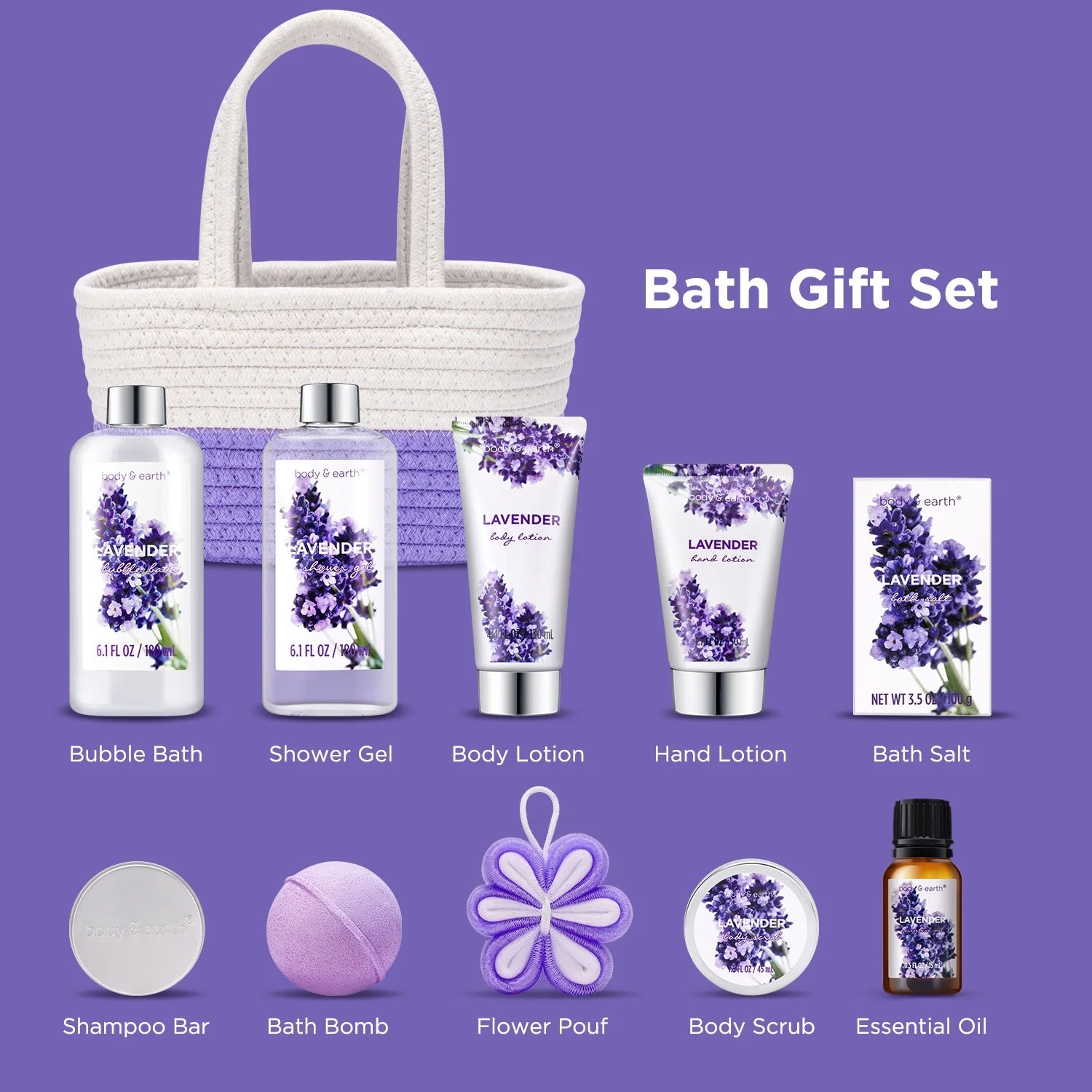 Bath Gift Set for Women - 11 Pcs Lavender Spa Basket Kits, Holiday Christmas Birthday Gifts for Her