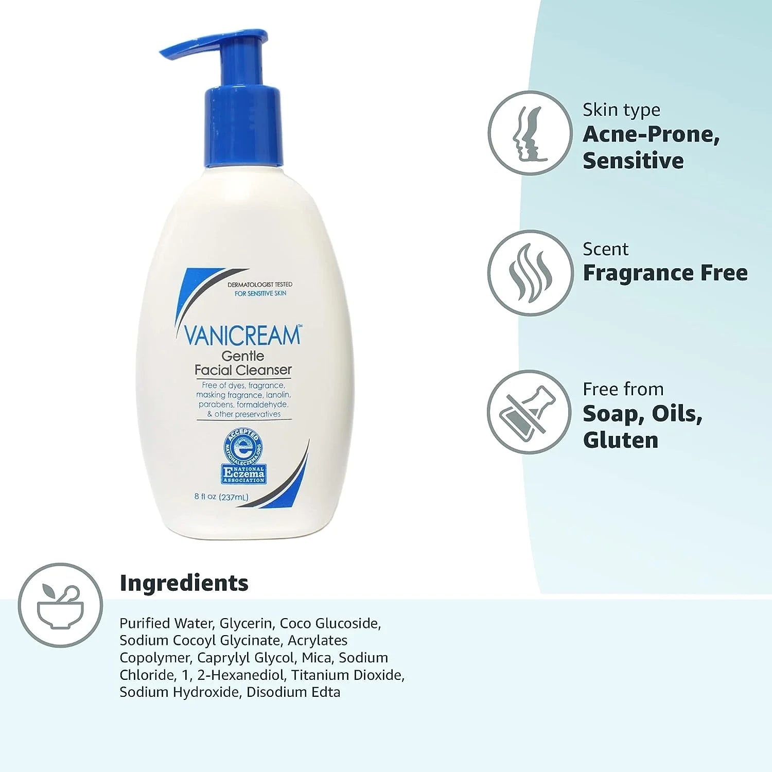 Gentle Facial Cleanser for Sensitive Skin-Gluten Free, 8 Oz (Pack of 2)
